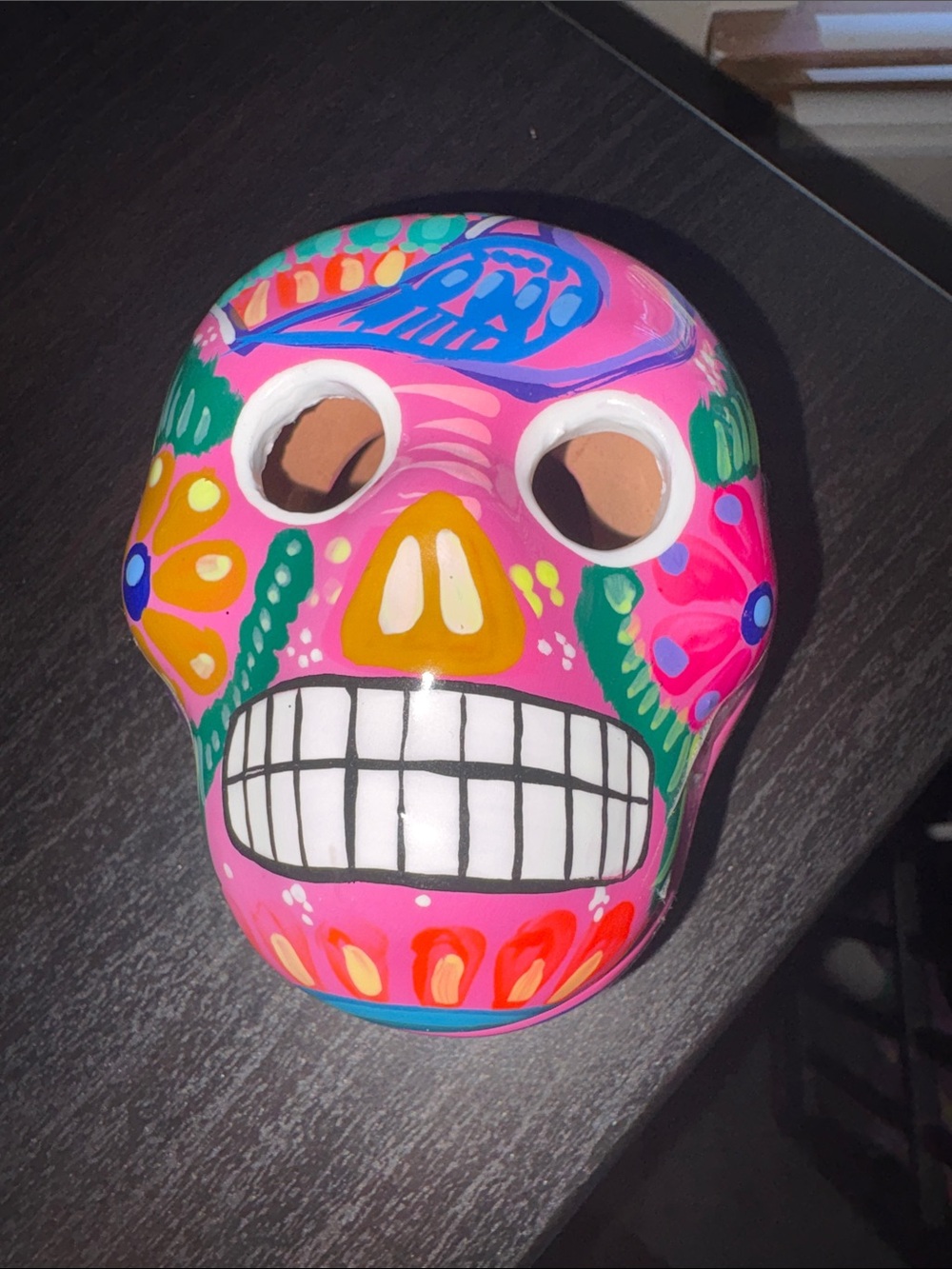 Hand-Painted Pink Day of the Dead Ceramic Skull